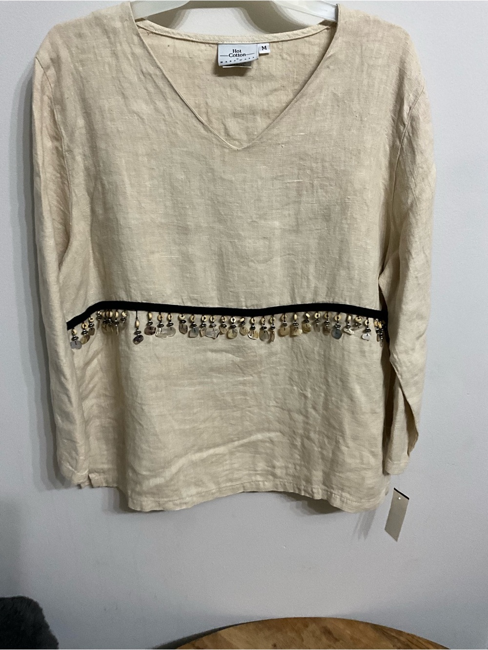 Hot Cotton Cream V-Neck Long Sleeve Top with Black Trim and Metallic Tassels